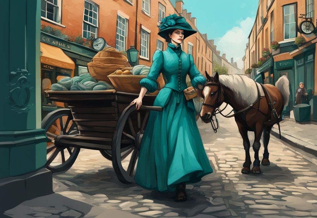 Ilustración digital moderna de Molly Malone en ropa del siglo XVII empujando su carrito de pescado por las calles empedradas de Dublín, con tema de color principal en tonos teal.