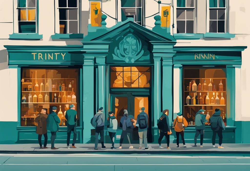 Ilustración digital moderna de turistas explorando el Trinity College y disfrutando de una pinta en el Temple Bar, símbolos icónicos de actividades en Dublín, con tema de color principal en tonos teal.