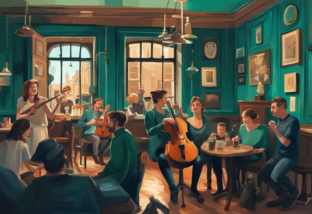 Ilustración digital moderna en tonos teal mostrando personas disfrutando de una sesión de música tradicional irlandesa en un pub animado, mientras una familia explora el histórico Castillo de Dublín, encapsulando las actividades Dublín.