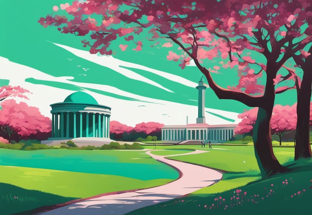 Ilustración digital moderna de Phoenix Park con temática en color teal, paisaje verde vibrante con árboles frondosos, flores en flor, camino curvado, ciervos pastando y el Monumento de Wellington al fondo.