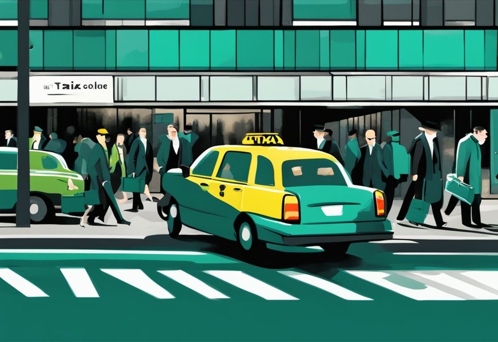 Ilustración digital moderna de una escena callejera animada con un taxi negro y verde recogiendo pasajeros con maletas en la terminal bulliciosa del aeropuerto de Dublín, color principal teal.