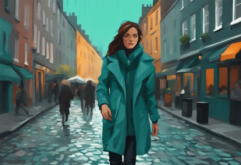 Mujer elegante paseando por una calle empedrada en Dublín con ropa adecuada para el clima impredecible de Irlanda en julio, incluyendo chaqueta ligera de lluvia, jeans y top transpirable. que ropa llevar a irlanda en julio.