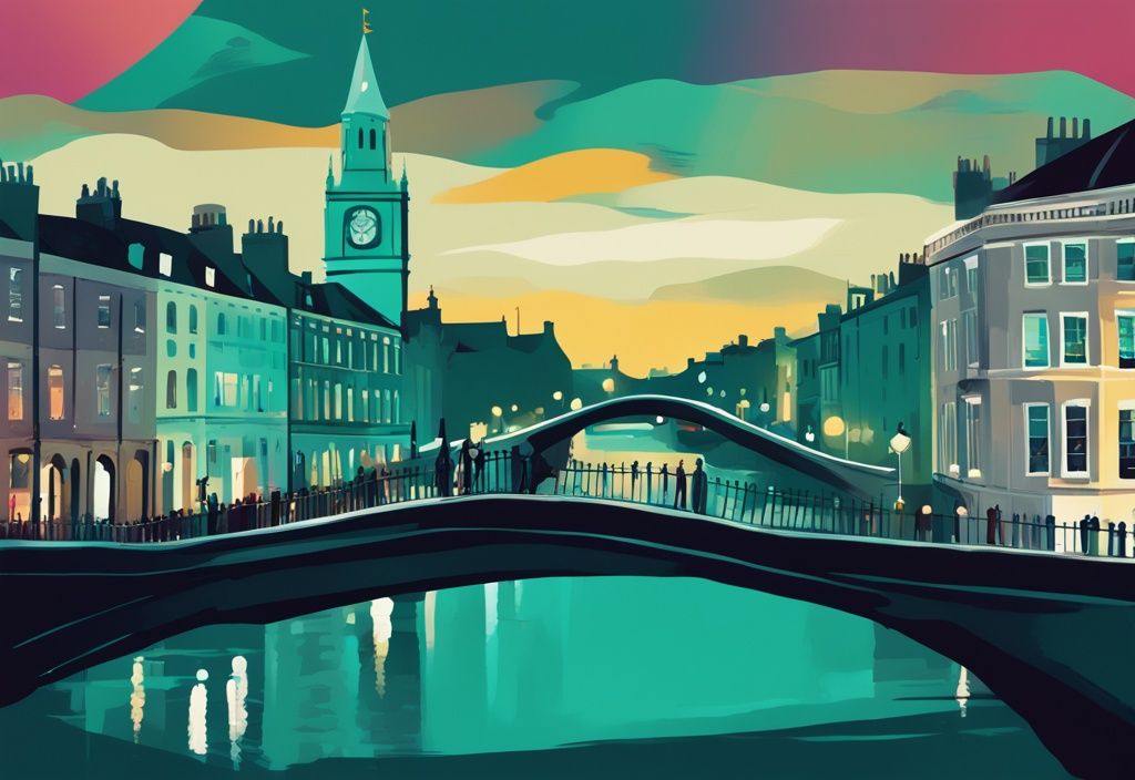 Ilustración digital moderna de Dublín con el Río Liffey, el Puente Ha'Penny y el Castillo de Dublín, en tonos de azul verdoso y transición de día a noche.