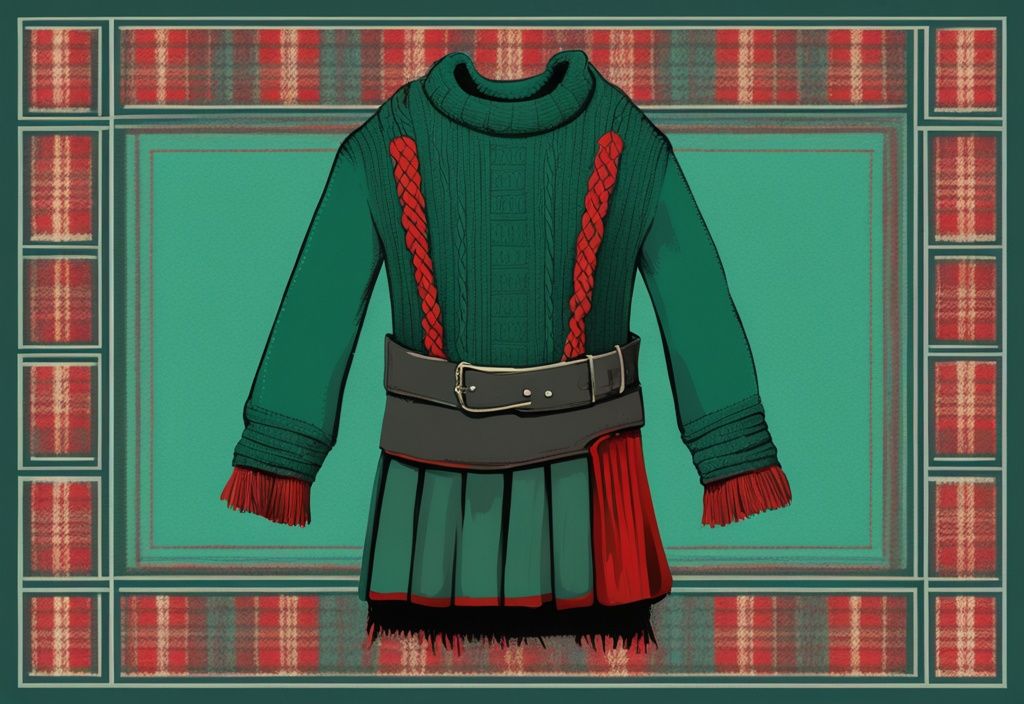 Ilustración digital moderna en tonos de teal con imagen desvanecida de ropa tradicional irlandesa como suéter Aran y kilt, tachada en rojo para simbolizar ropa prohibida en Irlanda.