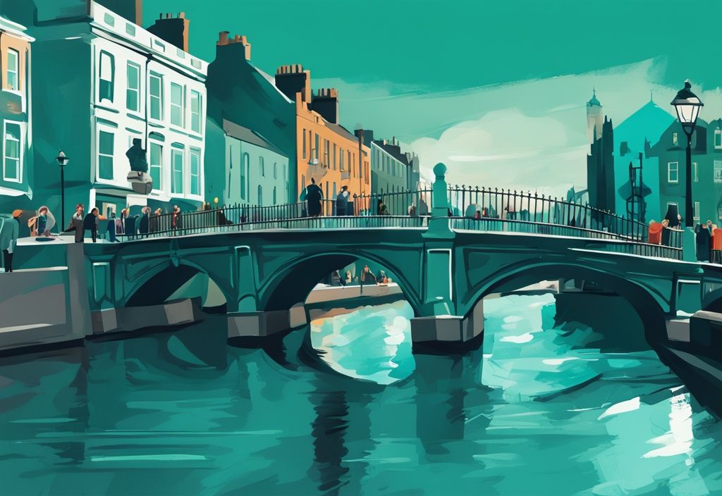 Ilustración digital moderna de Dublín con el Puente Ha'penny y el Castillo de Dublín en tonos de color teal, turistas explorando la ciudad