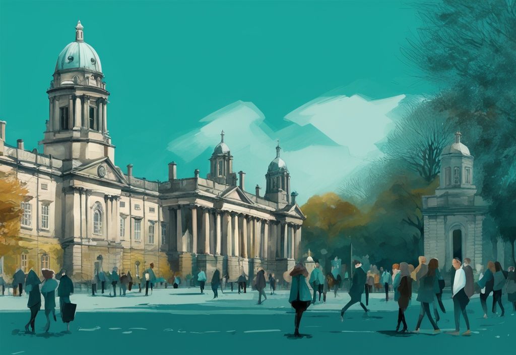 Ilustración digital moderna de Trinity College Dublin con estudiantes y edificios históricos, ideal para quienes desean visitar Trinity College Dublin.