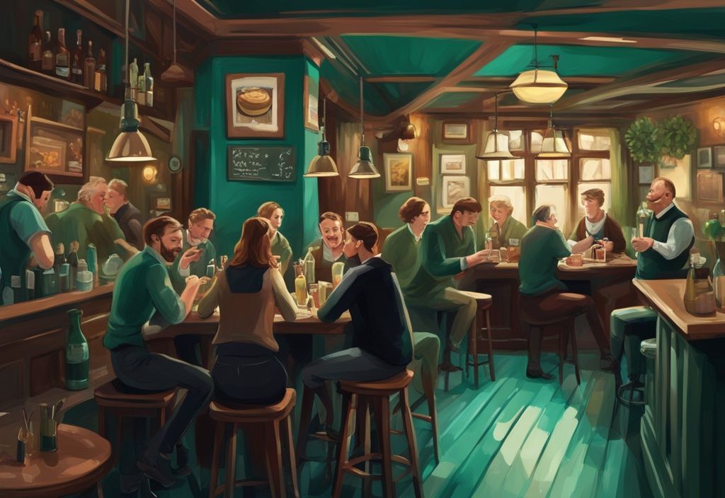 Interior de un pub irlandés moderno con tema de color teal, personas disfrutando comidas tradicionales irlandesas, conversando animadamente y un menú en pizarra con platos locales populares de Dublín - donde comer en Dublín.