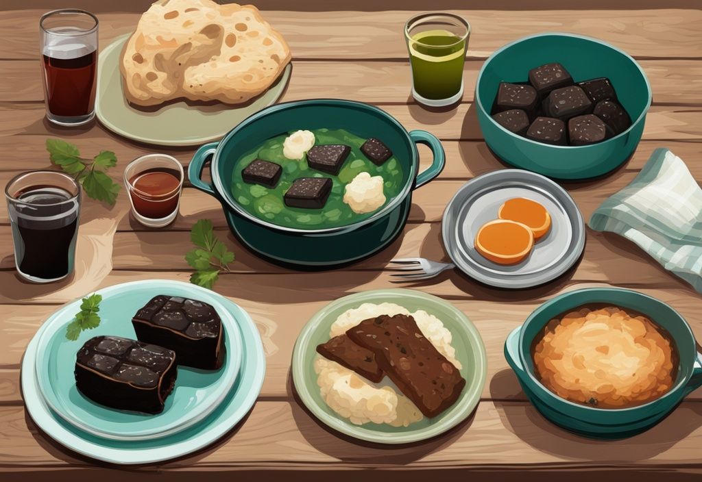 Ilustración digital moderna con 5 platillos típicos de Irlanda: estofado irlandés, pan de soda, morcilla, colcannon y boxty, sobre una mesa de madera, con tema de color principal en tonos teal.