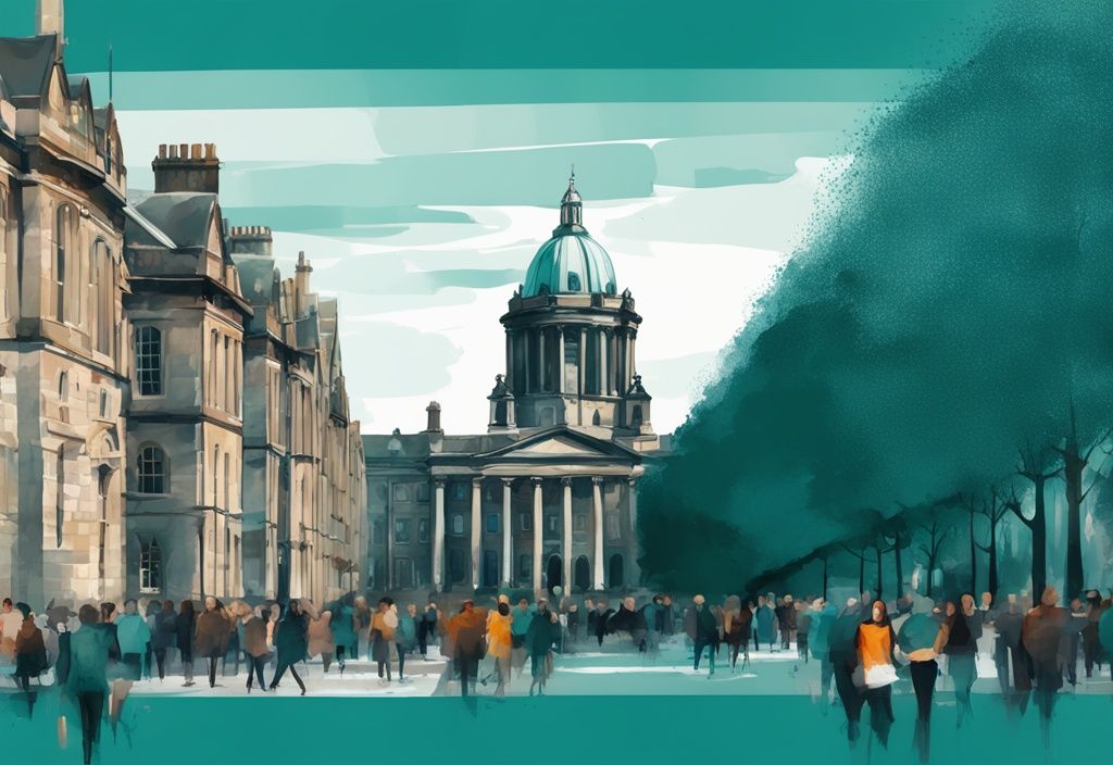 Ilustración digital moderna en tonos teal que muestra una vista panorámica del icónico Trinity College Dublin, llena de estudiantes, con los distintivos edificios históricos al fondo; ideal para quienes desean visitar Trinity College Dublin.