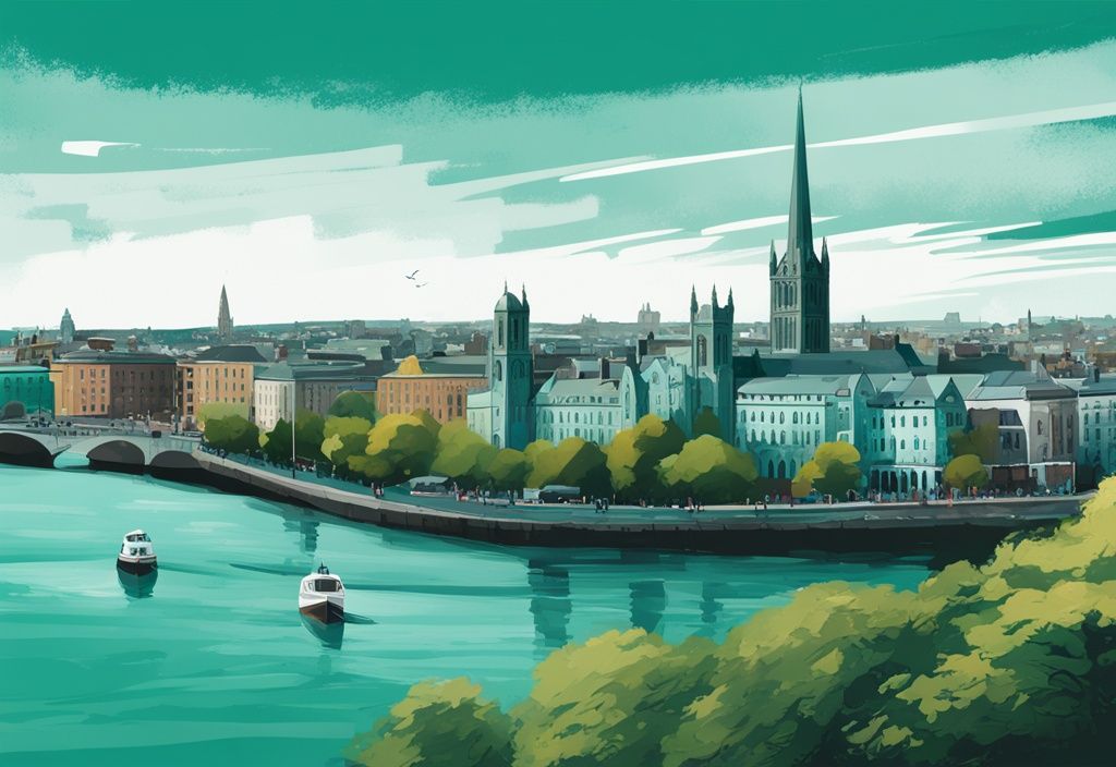 Ilustración digital moderna de Dublín con temática en color teal, mostrando el Castillo de Dublín, la Catedral de San Patricio y el parque St. Stephen's Green.