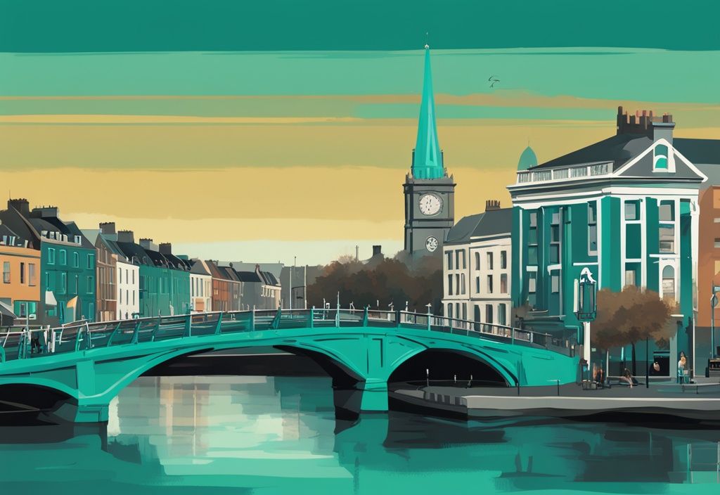 Ilustración digital moderna en tonos teal mostrando una vista panorámica de los emblemáticos lugares de Dublín como el Puente Ha'penny, el Trinity College, la Guinness Storehouse y Temple Bar, separados por un reloj de sol indicando dublin en 2 dias.