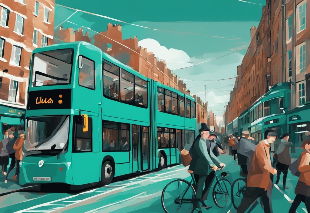 Ilustración digital moderna de Dublín con tema en color turquesa, mostrando un tranvía Luas, ciclistas en una calle concurrida y un autobús de dos pisos cerca del río Liffey.