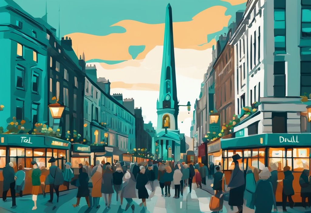 Ilustración digital moderna de O'Connell Street Dublin con tema de color teal, mostrando el monumento Spire, tiendas vibrantes y una mezcla de turistas y locales.