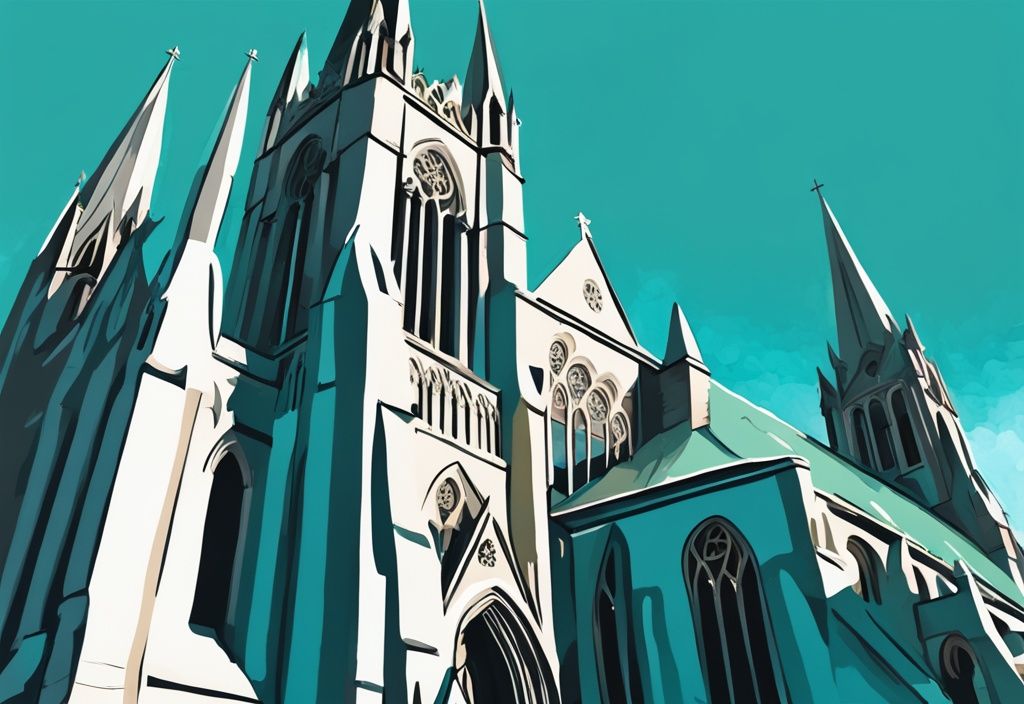 Ilustración digital moderna de la Catedral de San Patricio en Dublín en un día soleado con cielos azules, tema de color principal turquesa.