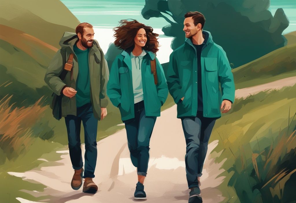 Ilustración digital moderna de un grupo diverso de personas paseando por el paisaje pintoresco de la campiña irlandesa, vestidos con chaquetas ligeras, jeans cómodos, tops en capas y zapatos impermeables, con un tema de color principal en tonos teal.