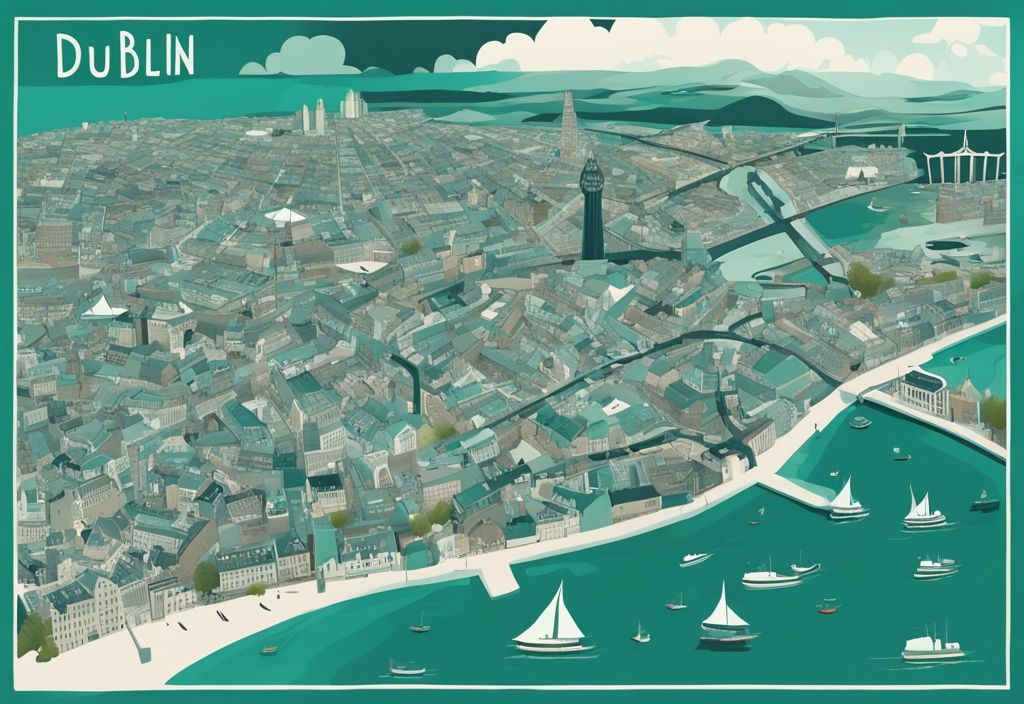 Mapa vibrante de Dublín con puntos de referencia y símbolos irlandeses, ilustración digital moderna en tonos de color teal.