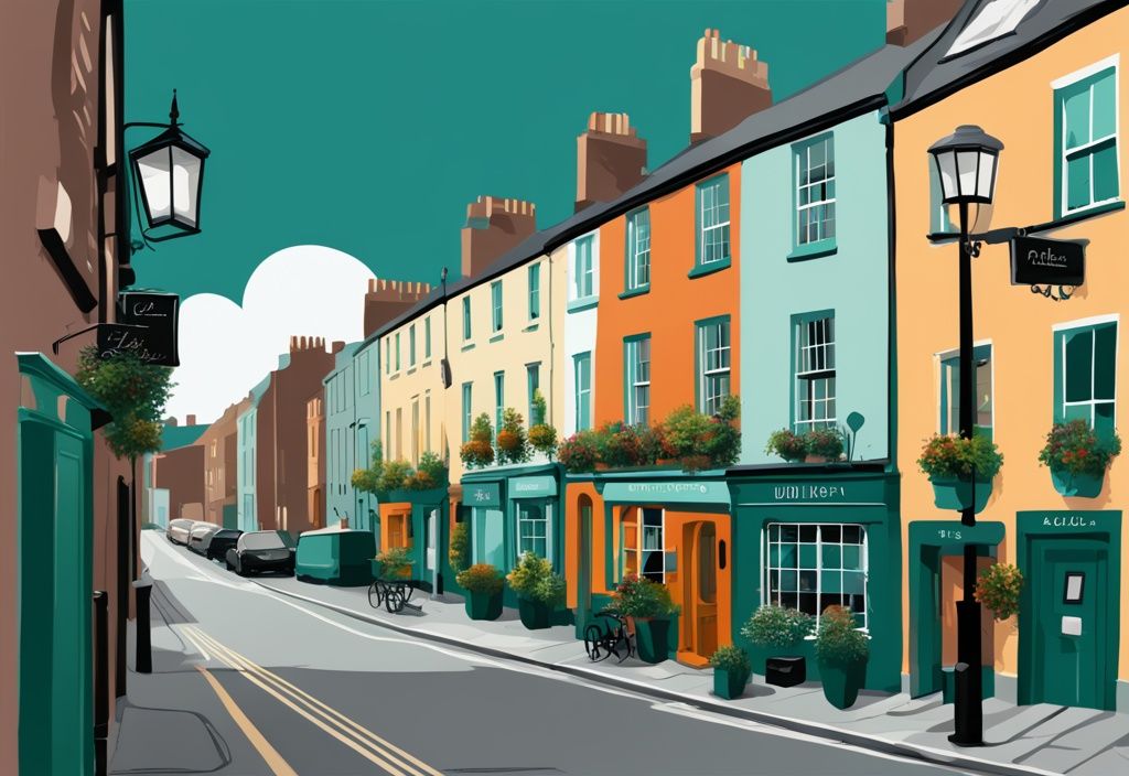 Ilustración digital moderna de una calle encantadora en Dublín, con casas de huéspedes pintorescas, hoteles boutique elegantes y pubs irlandeses tradicionales, en tonos de color teal.