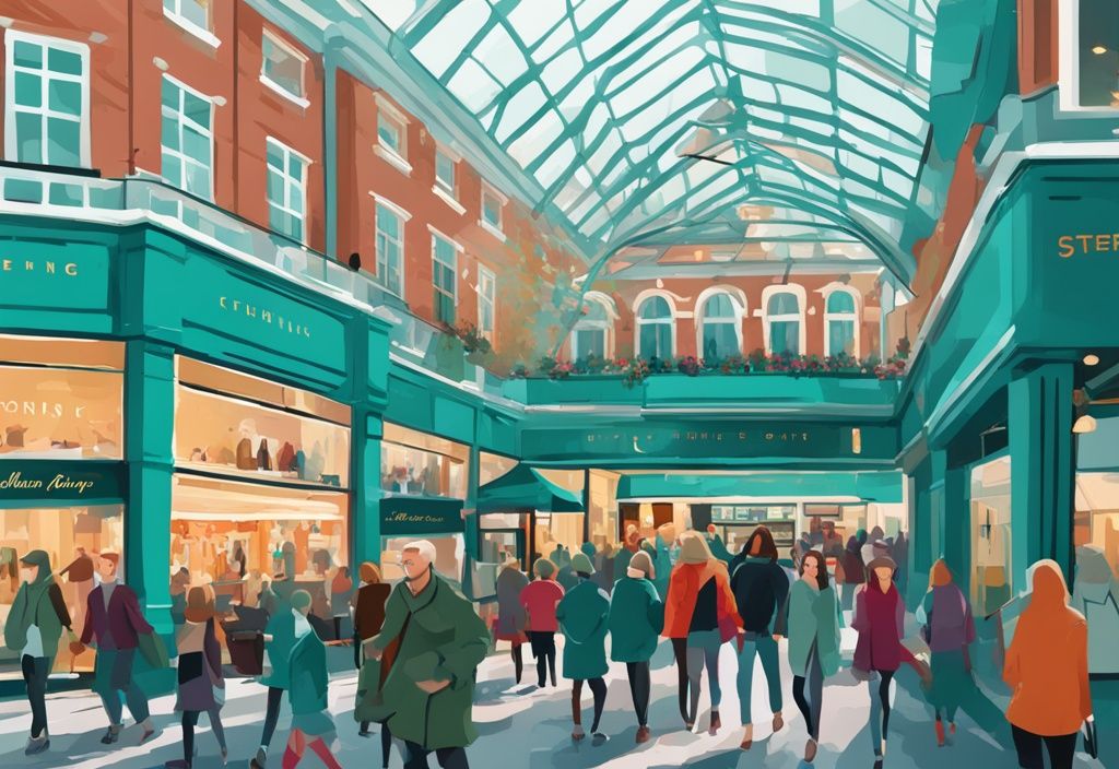 Ilustración digital moderna del centro comercial Dublin, Stephen's Green Shopping Centre, con tema de color teal, mostrando compradores animados, tiendas diversas, diseños arquitectónicos intrincados y una atmósfera vibrante.