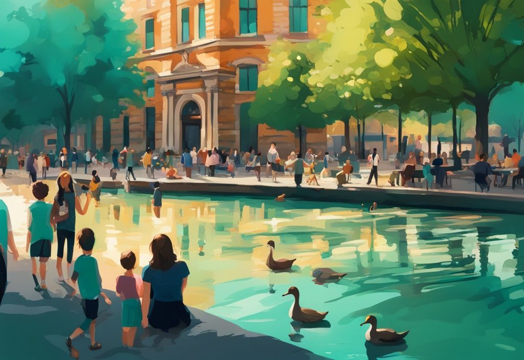 Ilustración digital moderna de Dublín en verano con turistas en Temple Bar, el campus del Trinity College y niños alimentando patos en el parque Stephen’s Green bajo la cálida luz del sol, con tema de color principal en tonos de teal.