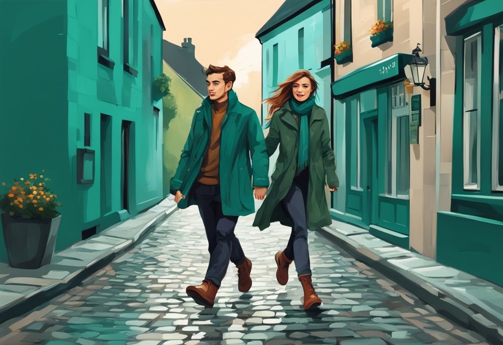 Pareja joven y moderna caminando por una calle empedrada en Irlanda, vestidos con chaquetas impermeables ligeras y ropa adecuada para el clima variable de agosto, ilustración digital con tema de color teal.