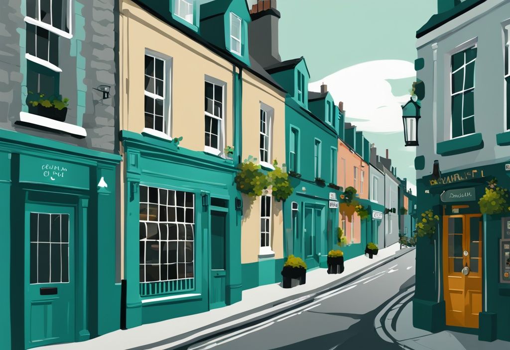 Ilustración digital moderna de una calle encantadora en Dublín con casas de huéspedes pintorescas, hoteles boutique elegantes y pubs tradicionales irlandeses, en tonos de color teal.