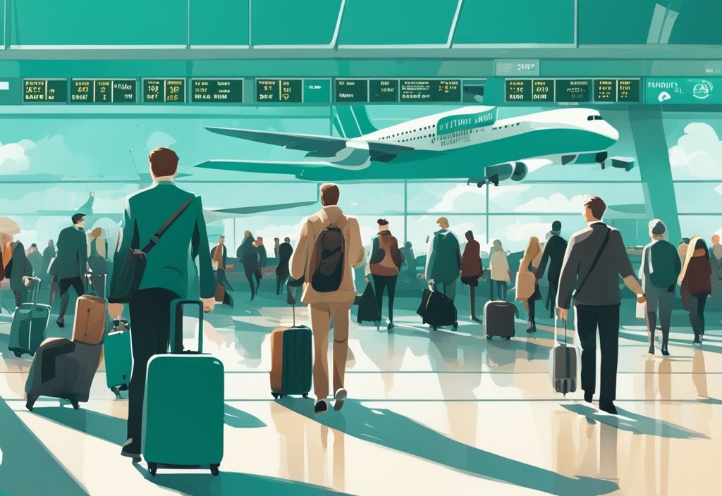 Ilustración digital moderna del aeropuerto de Dublín con viajeros y maletas, tableros de información de vuelos y aviones en la pista, en tonos de color teal.