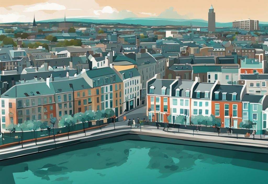 Ilustración digital moderna de Dublín en tonos teal, mostrando vecindarios diversos, desde apartamentos modernos en el centro hasta casas tradicionales y parques en los suburbios, ideal para explorar donde vivir en dublin.