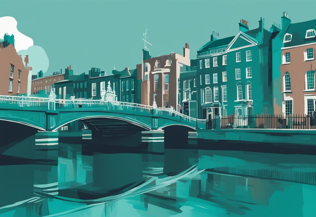 Ilustración digital moderna con tema en color teal de edificios modernos e históricos representando academias inglés Dublín, con puntos emblemáticos como el Ha'Penny Bridge y Trinity College.