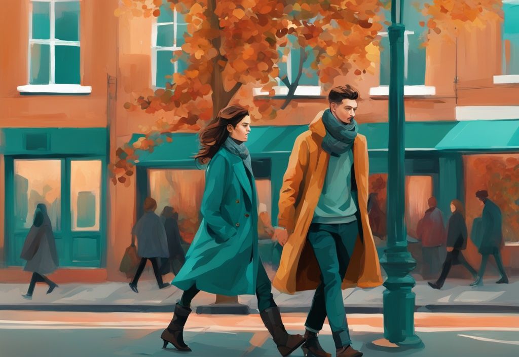 Ilustración digital moderna de un hombre y una mujer a la moda con ropa de capas, chaquetas ligeras, bufandas y botas, paseando por una calle otoñal de Dublín, con tema de color principal en tonos teal.