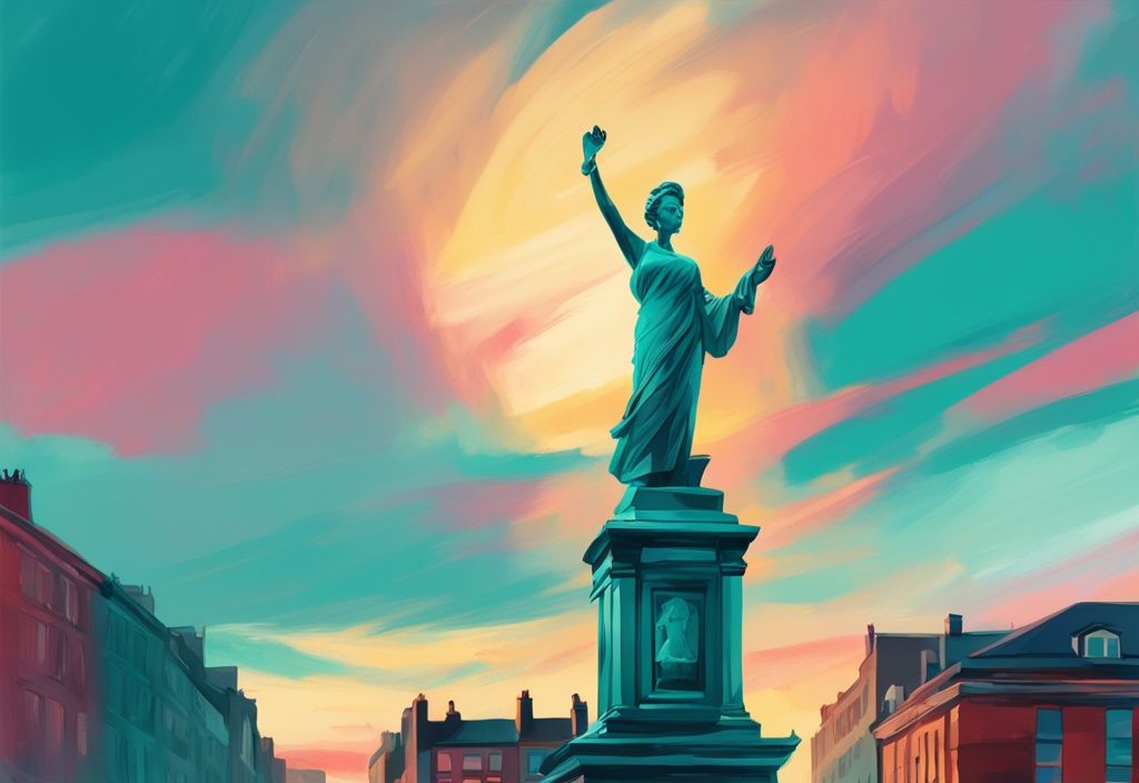 Estatua Dublin mujer inspiradora al atardecer en la ciudad con temática de color teal