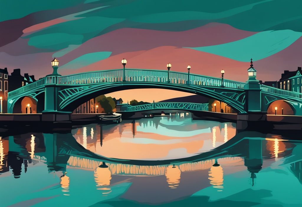 Ilustración digital moderna del puente del medio penique iluminado al atardecer con faroles encendidos y el río Liffey reflejante debajo.