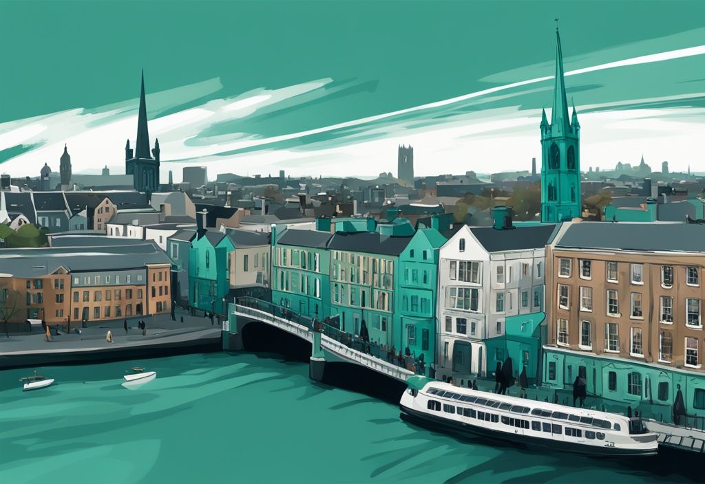 Ilustración digital moderna de la ciudad de Dublín con Trinity College, Puente Ha'penny y Catedral de San Patricio, guía Dublín.