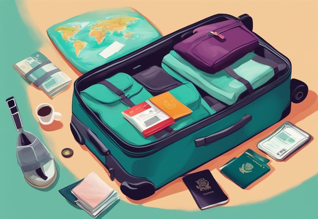 Ilustración digital moderna en tonos teal de una persona empacando para un viaje a Irlanda, con un pasaporte destacado sobre el equipaje, hace falta pasaporte para ir a Irlanda.