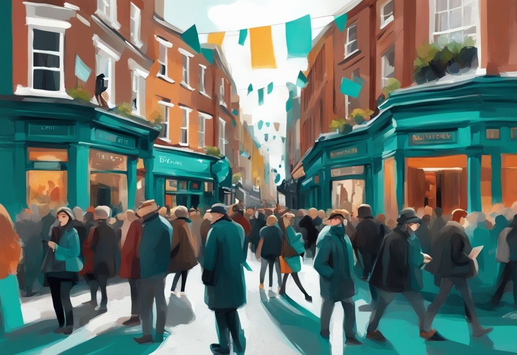 Ilustración digital moderna de un día ajetreado en Grafton Street Dublin con multitudes vibrantes, artistas callejeros y arquitectura victoriana, con un tema de color principal en tonos de teal.