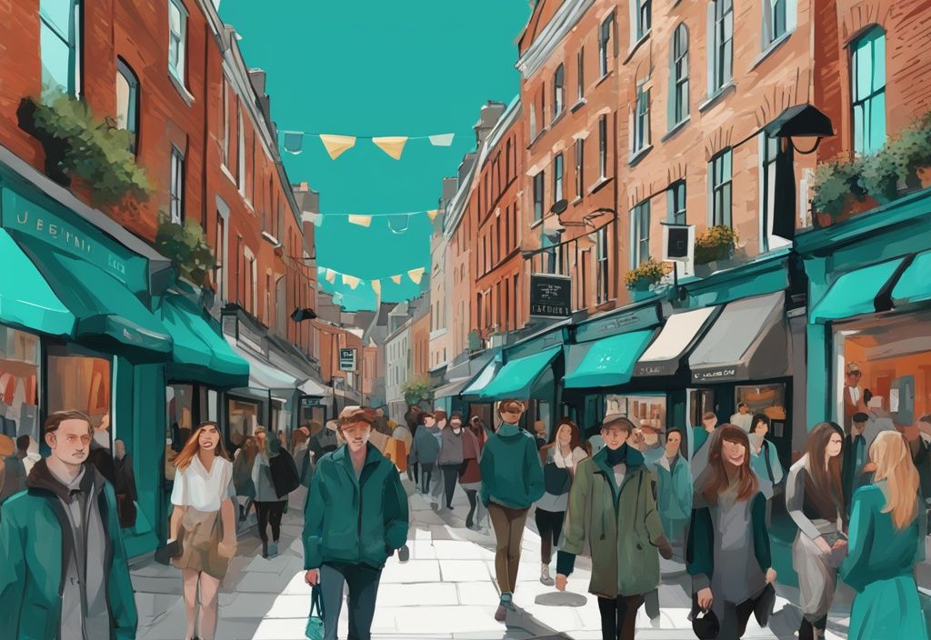 Pintura digital moderna de una calle concurrida en Dublín, Irlanda, con tiendas de ropa ecléctica y personas a la moda, en tonos de color teal.