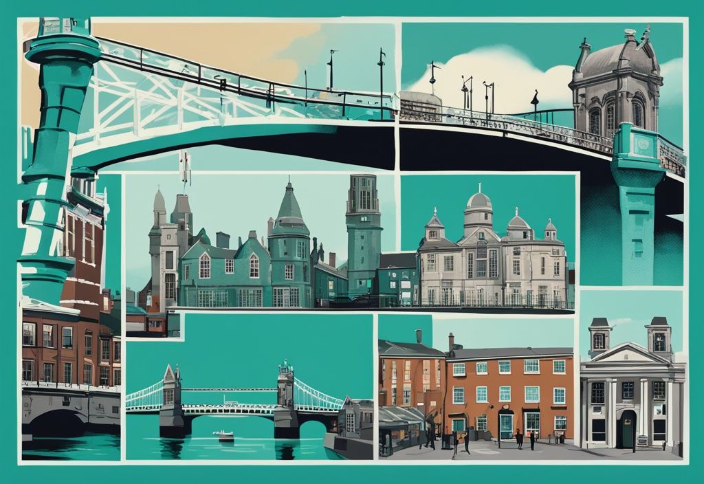 Ilustración digital moderna en tonos teal de Dublín con Ha'Penny Bridge, Temple Bar Pub, Trinity College y Guinness Storehouse dentro de una guía abierta.