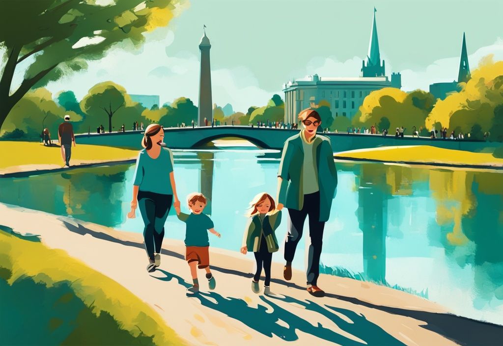 Ilustración digital moderna de una familia disfrutando de un día soleado en Phoenix Park, Dublín, con el Spire y el Puente Ha'penny en el fondo, en tonos de color teal.