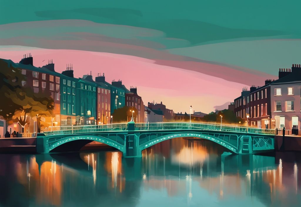 Ilustración digital moderna del Puente Halfpenny iluminado sobre el río Liffey en Dublín al atardecer, con temática de color verde azulado.