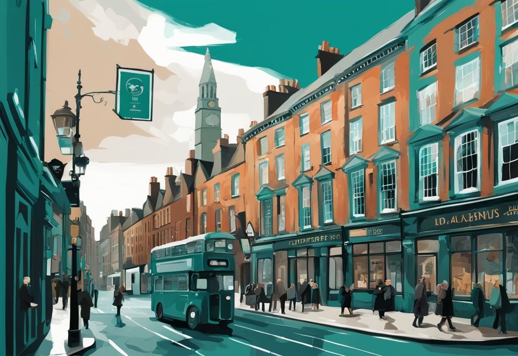 Ilustración digital moderna de las calles concurridas de Dublín con señales de academias de inglés famosas, arquitectura irlandesa y tema de color principal en tonos de teal.