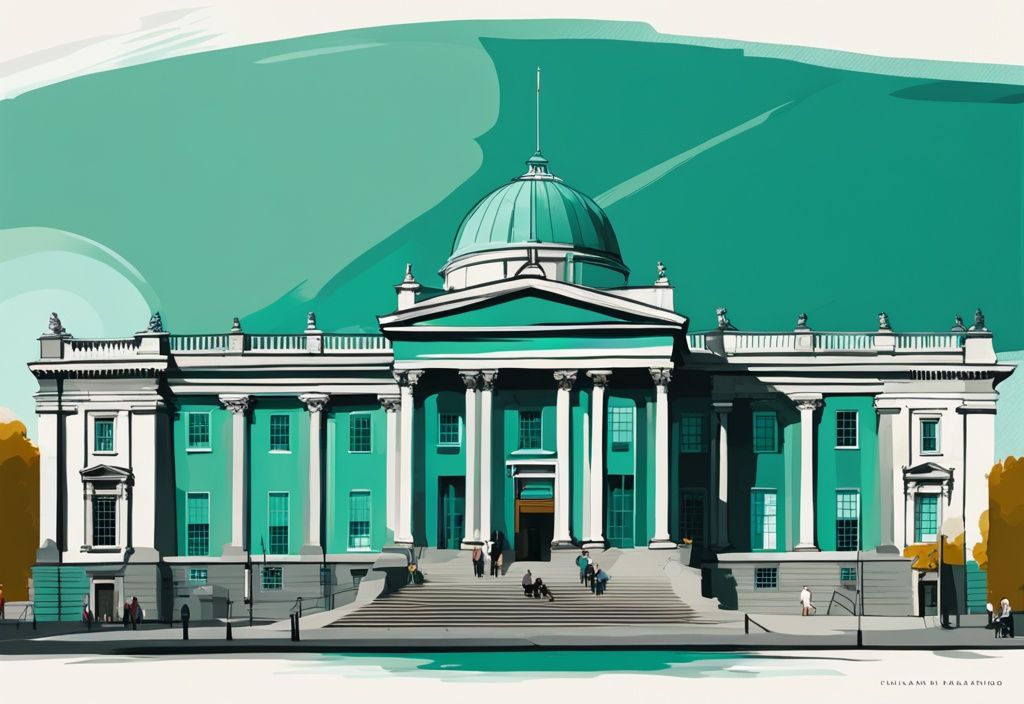 Ilustración digital moderna del Museo Nacional de Irlanda en Dublín en un día soleado, tema principal en color teal - museos dublin.