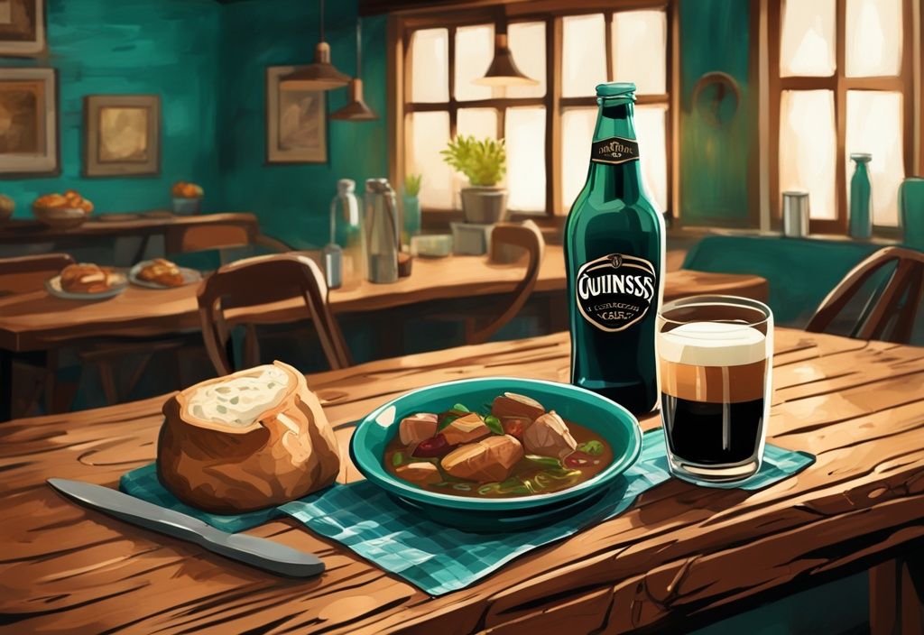 Ilustración digital moderna con tema principal en color teal, muestra comida típica de Dublín como estofado irlandés, pan de soda y una pinta de Guinness en una mesa de madera rústica.