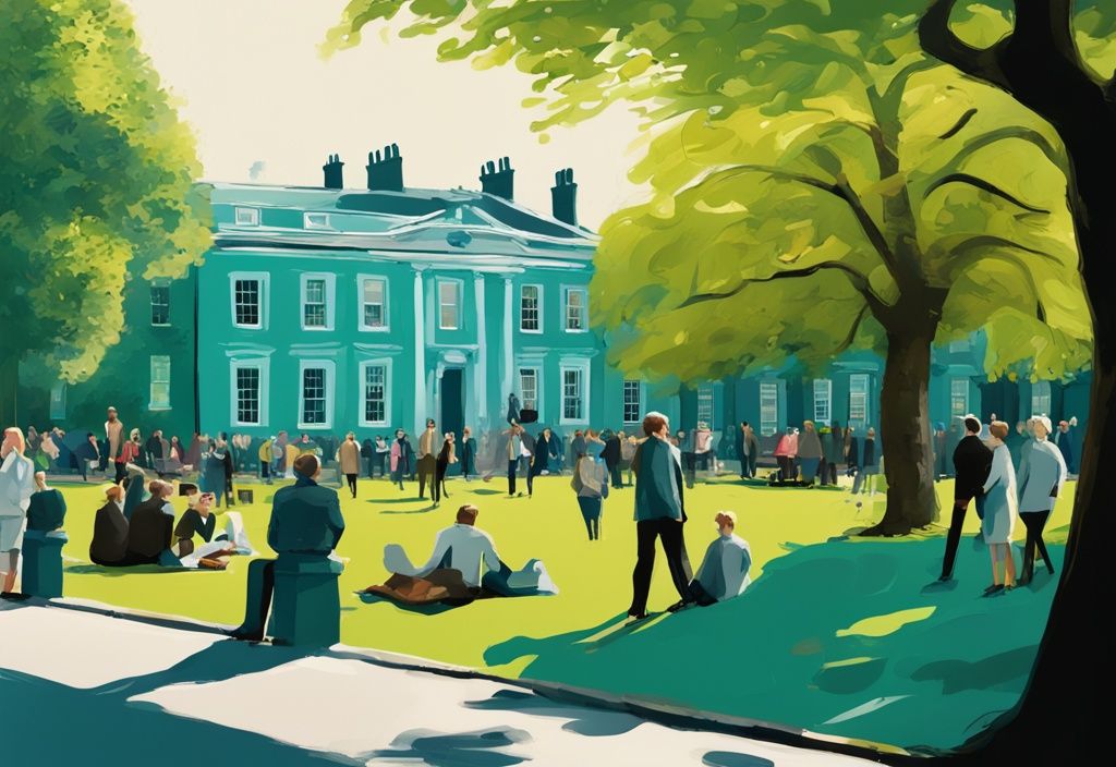 Ilustración digital moderna de Merrion Square en Dublín con tema principal en color teal, mostrando un parque verde lleno de gente, casas históricas de estilo georgiano y la colorida estatua de Oscar Wilde en primer plano.