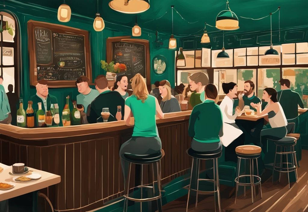 Ilustración digital moderna de un pub irlandés con tema color teal, personas disfrutando comidas tradicionales y conversando, menú en pizarra con platos locales de Dublín; donde comer en dublin.