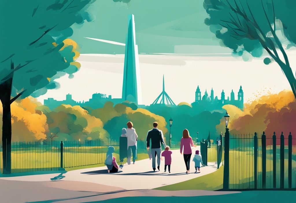 Ilustración digital moderna de una familia disfrutando de un día soleado en Phoenix Park, Dublín, con el Spire y Ha'penny Bridge al fondo, en tonos de color teal.