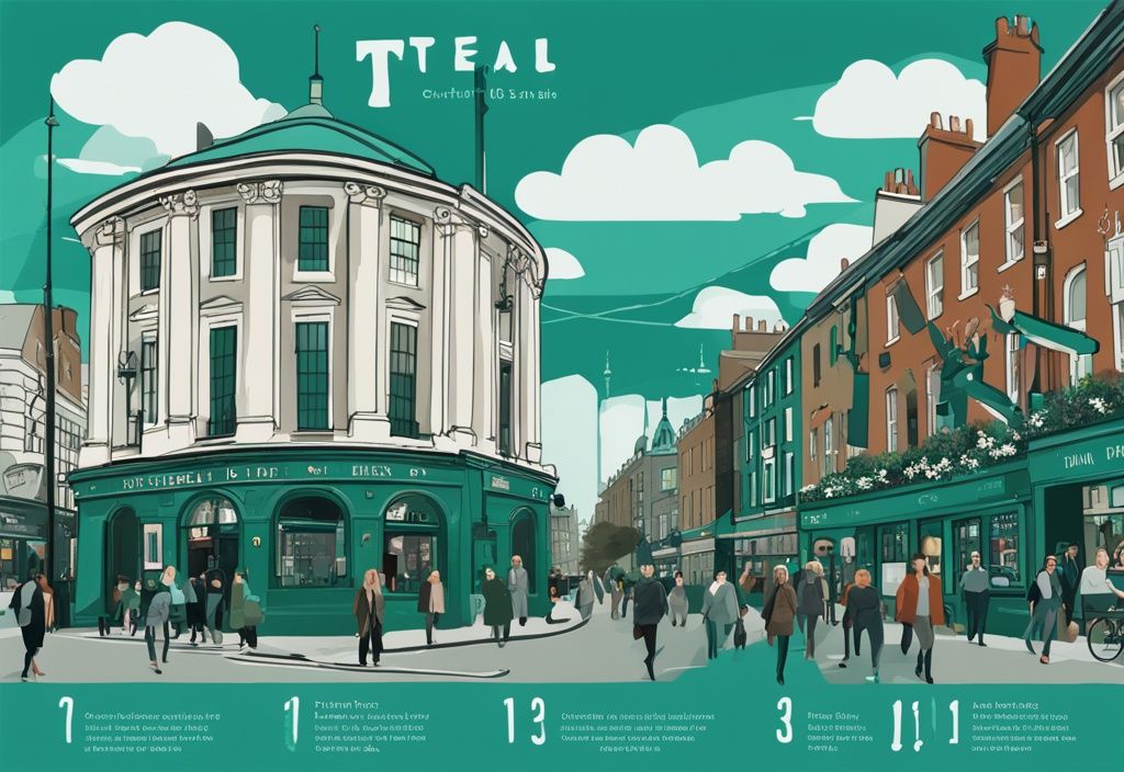 Ilustración digital moderna en color teal mostrando una línea de tiempo con atracciones clave en Dublín, como Temple Bar, St. Stephen's Green y Trinity College, destacadas en diferentes días, ideal para responder en cuantos dias se ve dublin.