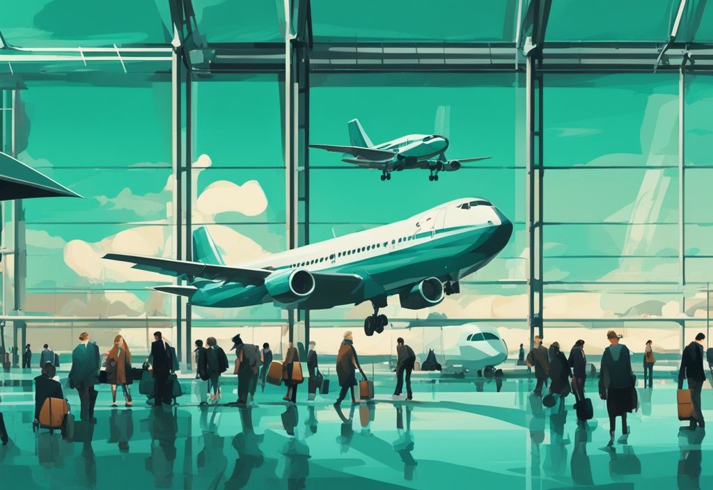 Ilustración digital moderna en tonos teal del Aeropuerto de Dublín con aviones en la pista, pasajeros apresurados y el edificio terminal icónico al fondo.