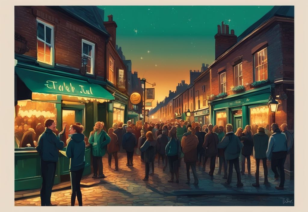 Pintura digital moderna con tema principal en color turquesa, mostrando multitudes vibrantes disfrutando en un pub irlandés tradicional, iluminado por luces cálidas, en el icónico paisaje urbano de Dublín bajo un cielo estrellado, vida nocturna dublin.