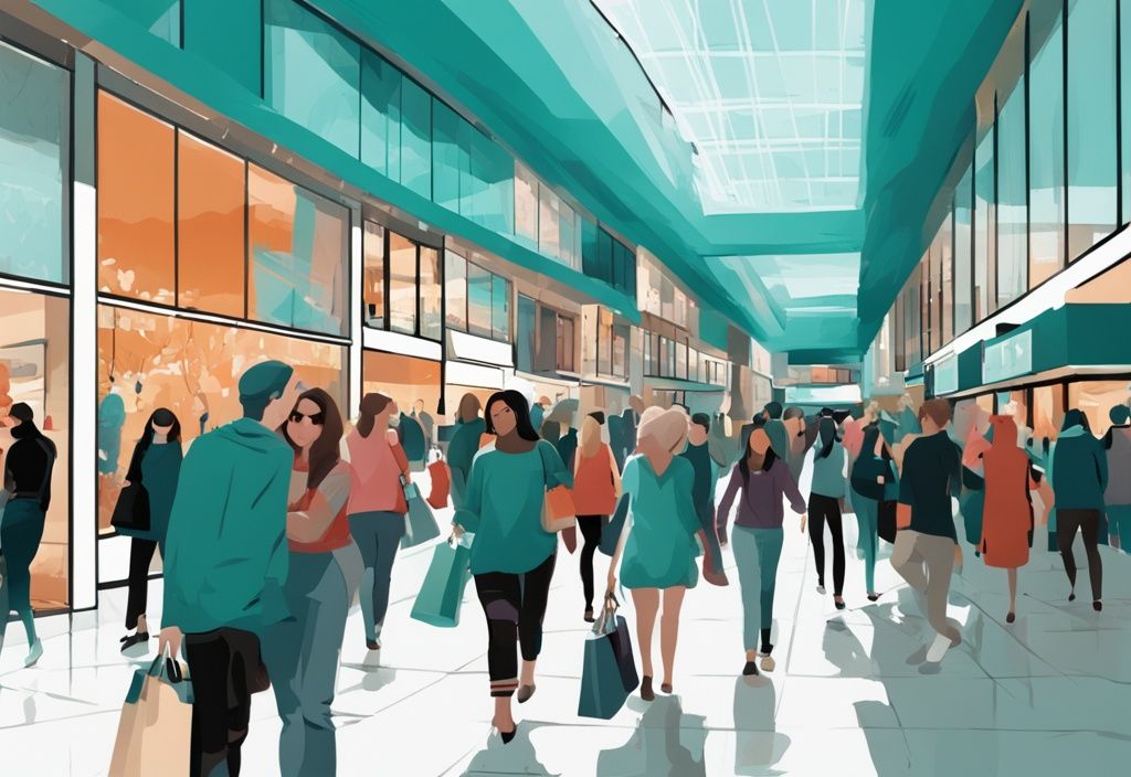 Ilustración digital moderna de un centro comercial vibrante en Dublín, con personas disfrutando de su experiencia de compra, tema principal en color teal.