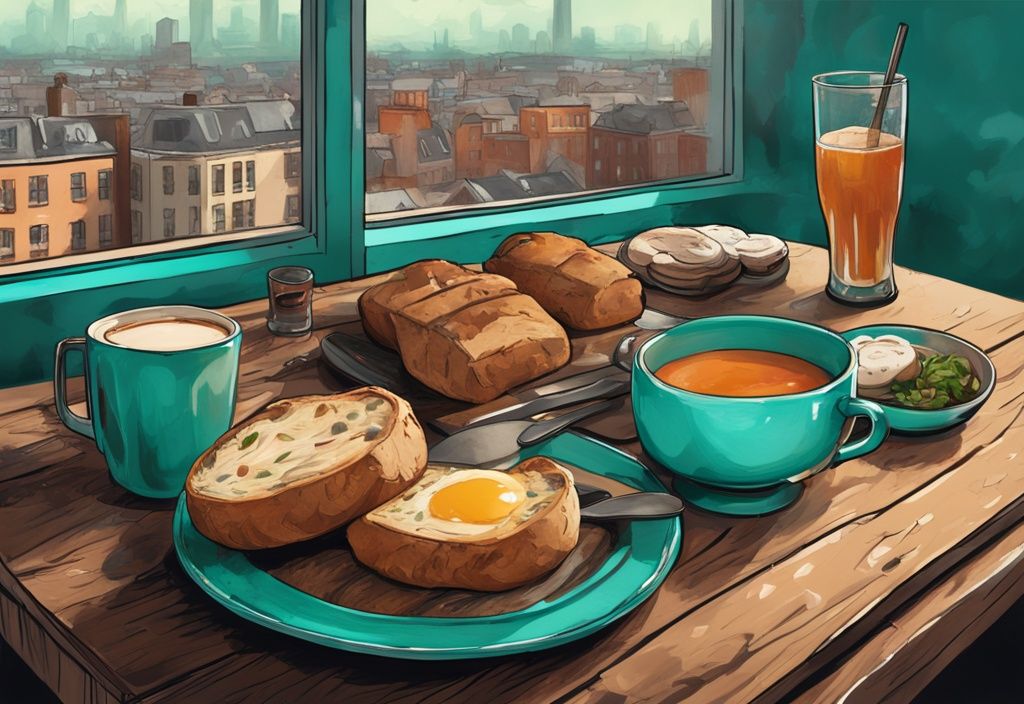 Pintura digital moderna con desayuno irlandés, estofado irlandés y pan de soda en mesa rústica con paisaje urbano de Dublín de fondo, comida típica Dublín.