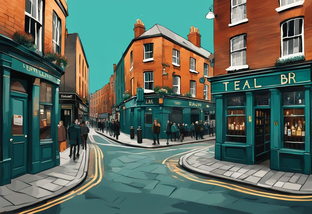 Ilustración digital moderna del animado distrito de Temple Bar en Dublín, con pubs concurridos y edificios históricos, en tonos de color verde azulado.